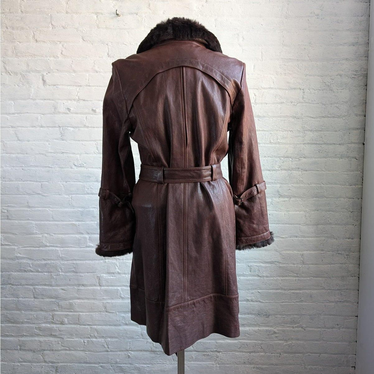 Vintage Burgundy Leather Penny Lane Trench Coat Genuine Fur Grunge Boho Jacket