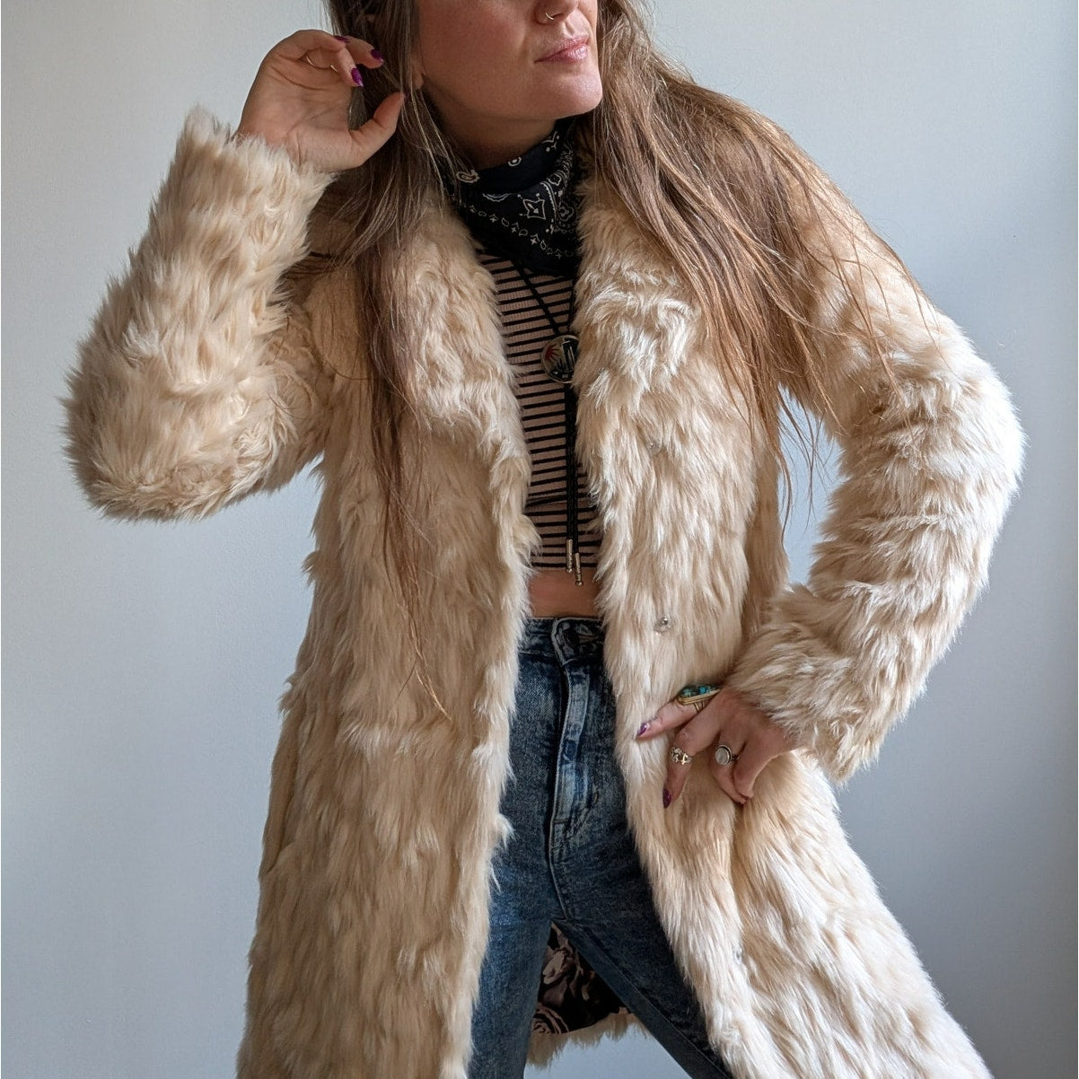 White Shaggy Faux Fur Trench Coat Cream Furry Penny Lane 70s Afghan Jacket Small