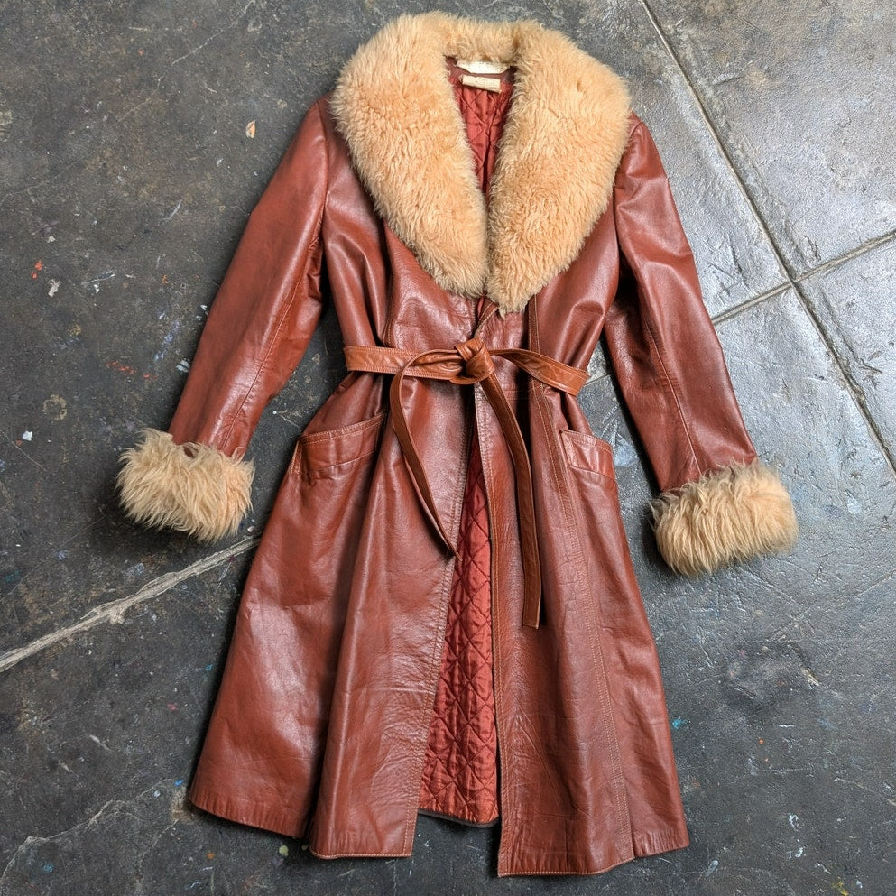 Vintage Leather Jacket Red Brown 70s Penny Lane Trench Coat Afghan Fur Medium