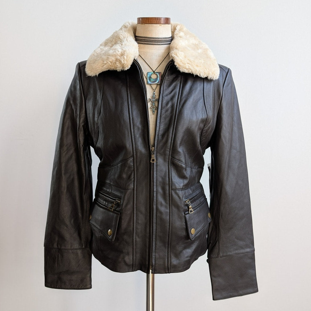 Vintage Brown Leather Jacket Faux Fur Lambskin Moto Chic Biker Bomber Coat Large