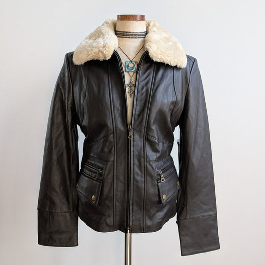 Vintage Brown Leather Jacket Faux Fur Lambskin Moto Chic Biker Bomber Coat Large