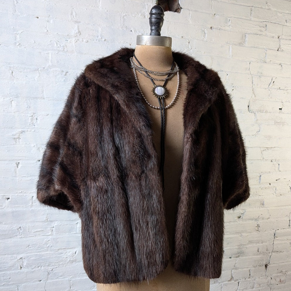Vintage Brown Mink Fur Stole Luxury Scarf Boho Coquette Glam Furry Cape Shawl