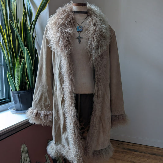 Vintage Tan Suede Penny Lane Jacket Fur Coat Groovy Leather Trench Coat Large