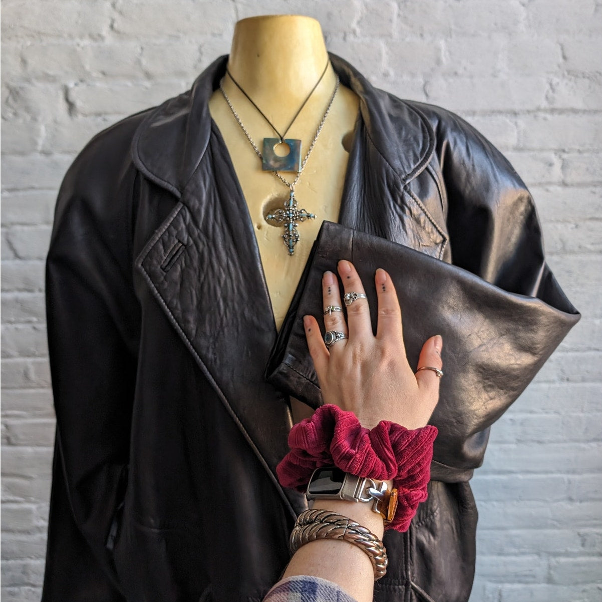 Vintage Minimalist Black Leather Duster Chic Baddie Biker Moto Goth Trench Coat