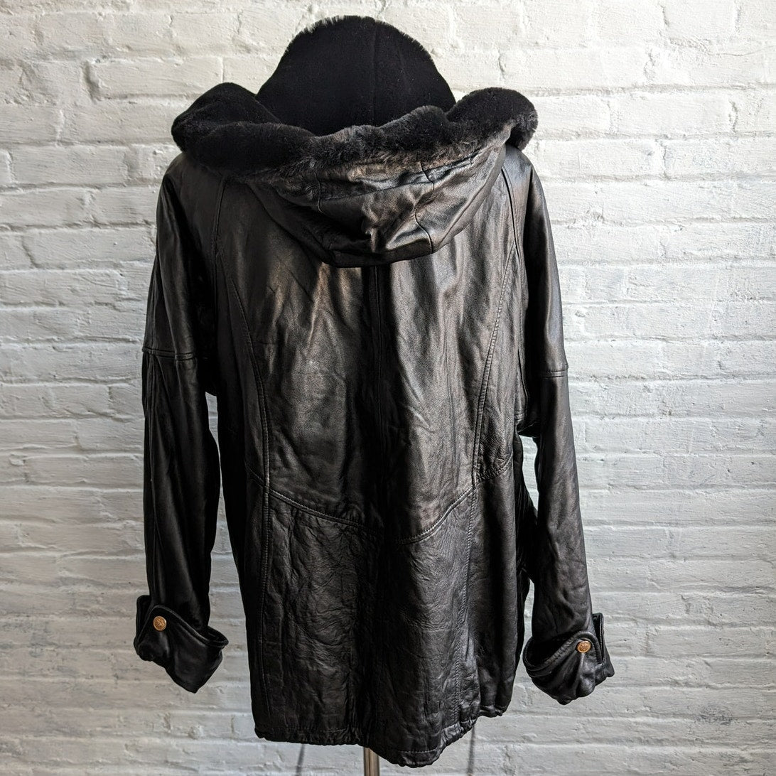 Vintage Black Genuine Leather Biker Jacket Hooded Faux Fur Grunge Duster Coat
