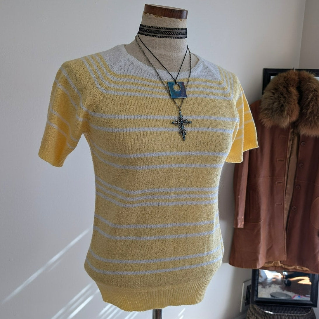 Vintage 90s Yellow White Striped Knit Top S Basic Editions Short Sleeve Sweater