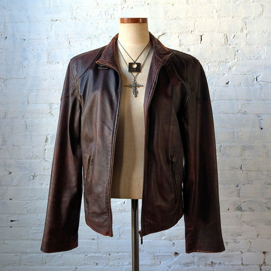 Vintage Brown Leather Moto Jacket Genuine Italian Chic Baddie Biker Bomber Coat