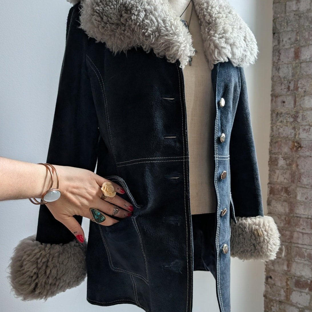 70s Vintage Blue Suede Penny Lane Fur Coat Leather Jacket Trench Boho Medium