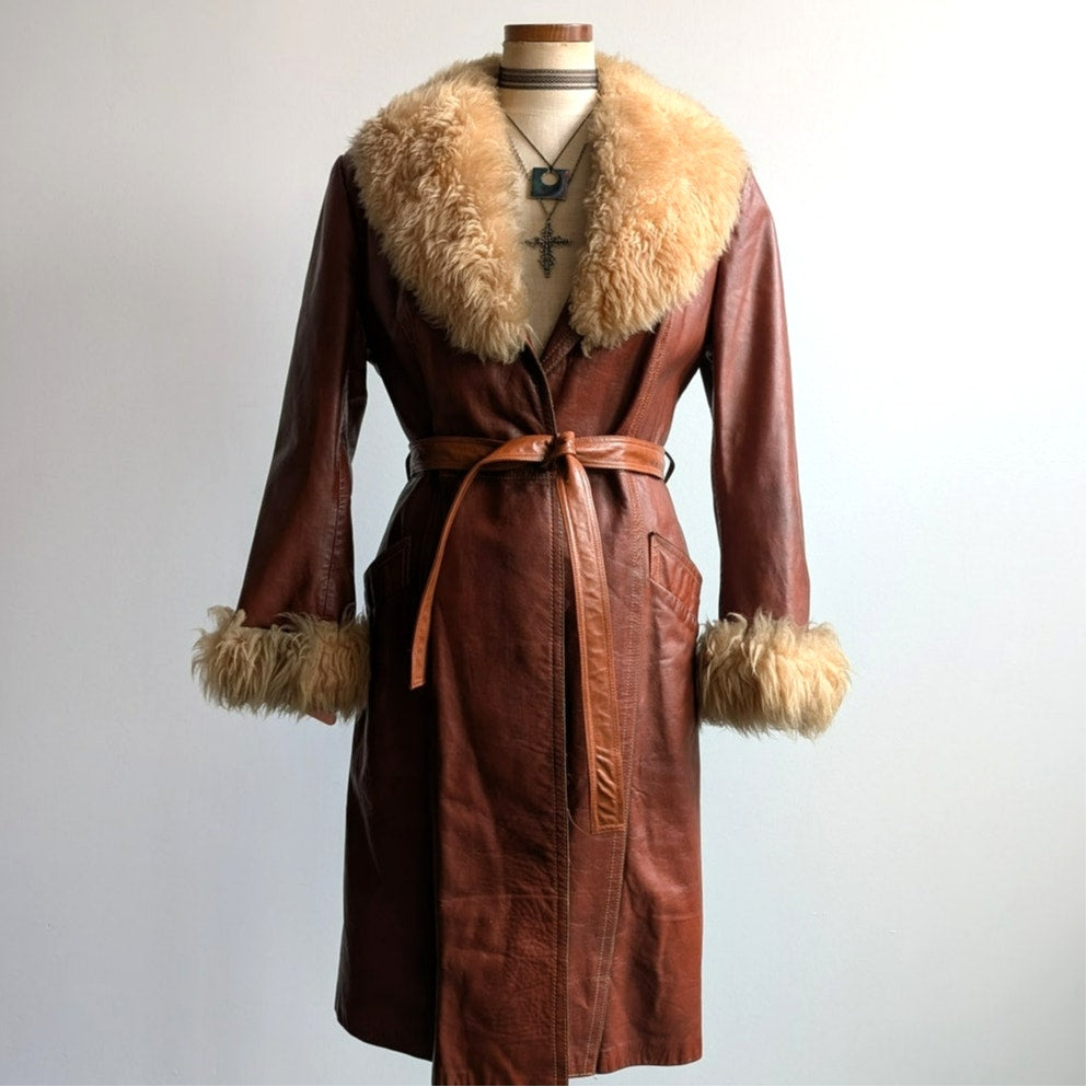Vintage Leather Jacket Red Brown 70s Penny Lane Trench Coat Afghan Fur Medium