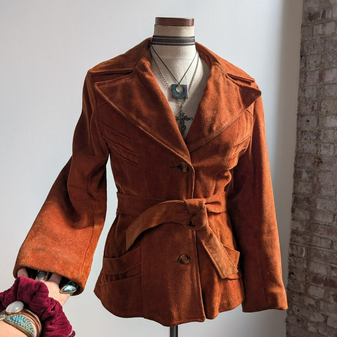 Vintage Orange Brown Suede Jacket Belted Leather Coat Western Rust Red 70s Small