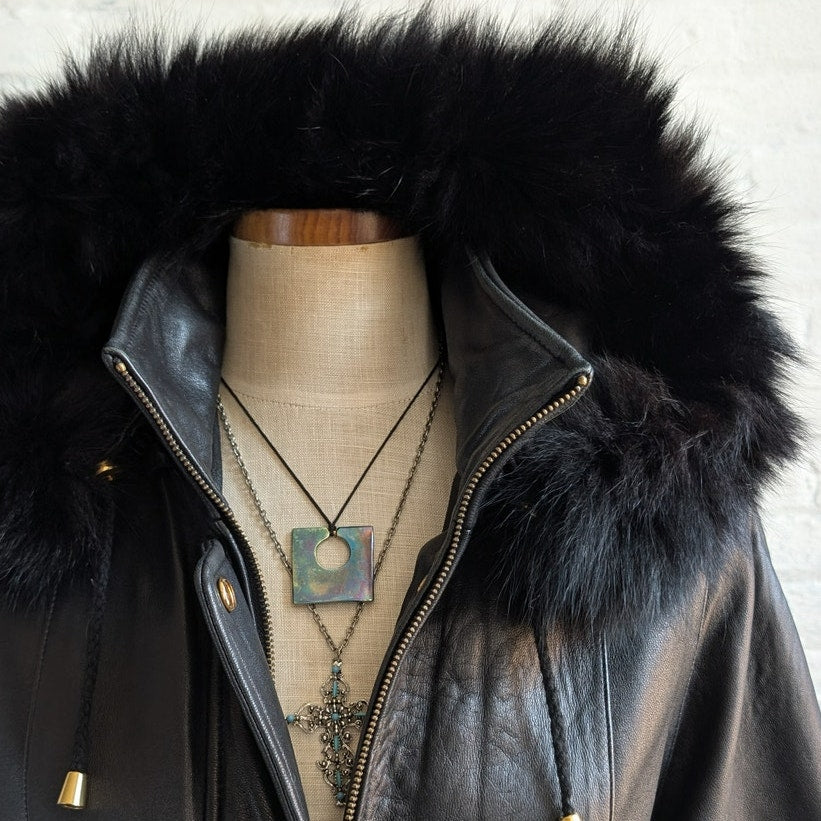 Vintage Black Leather Jacket Fox Fur Coat Sexy Black Leather Trench Coat Medium