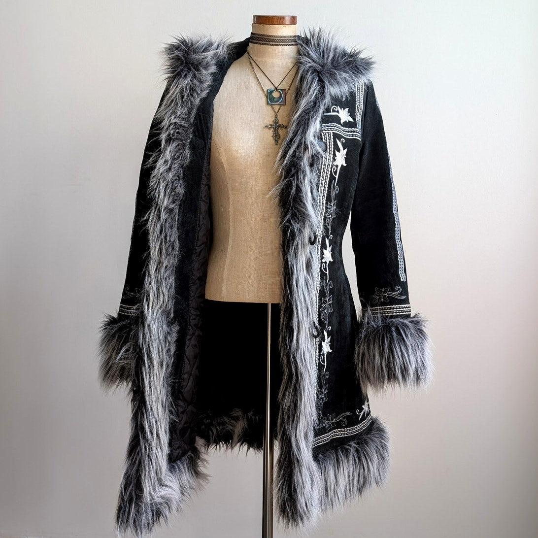 Vintage Black Suede Coat Penny Lane Groovy Faux Fur Jacket Afghan Trench Medium