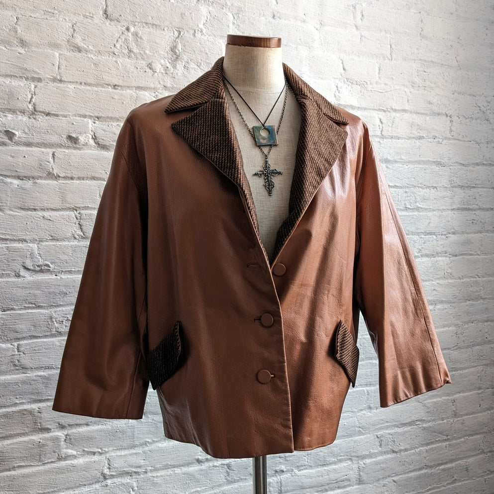 Vintage Brown Leather Jacket Rusty Orange Cropped Preppy Blazer Tweed Coat Small