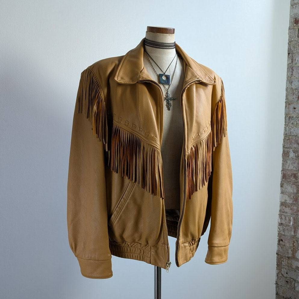 Vintage Neutral Leather Jacket 70s Fringe Biker Western Moto Bomber Coat Large