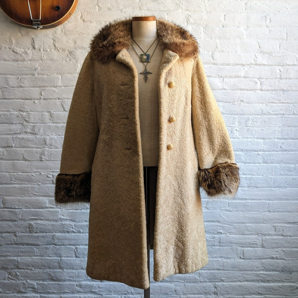70s Vintage Wool Fox Fur Penny Lane Boucle Coat Groovy Pastel Yellow Shag Jacket