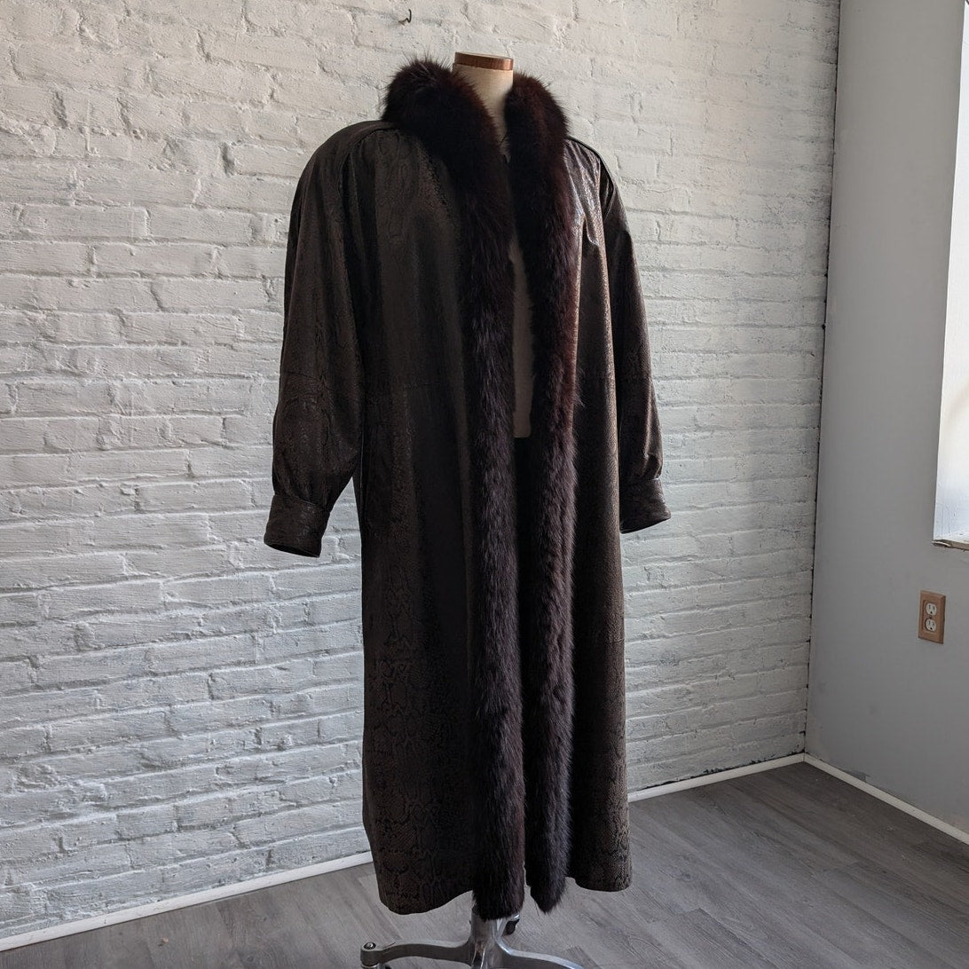 Vintage Black Leather Snakeskin Trench Coat Minimalist Penny Lane Fox Fur Jacket