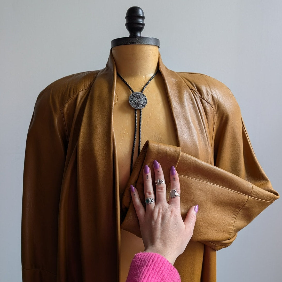 Vintage Brown Leather Trench Coat Boho Western Minimalist Neutral Jacket Large