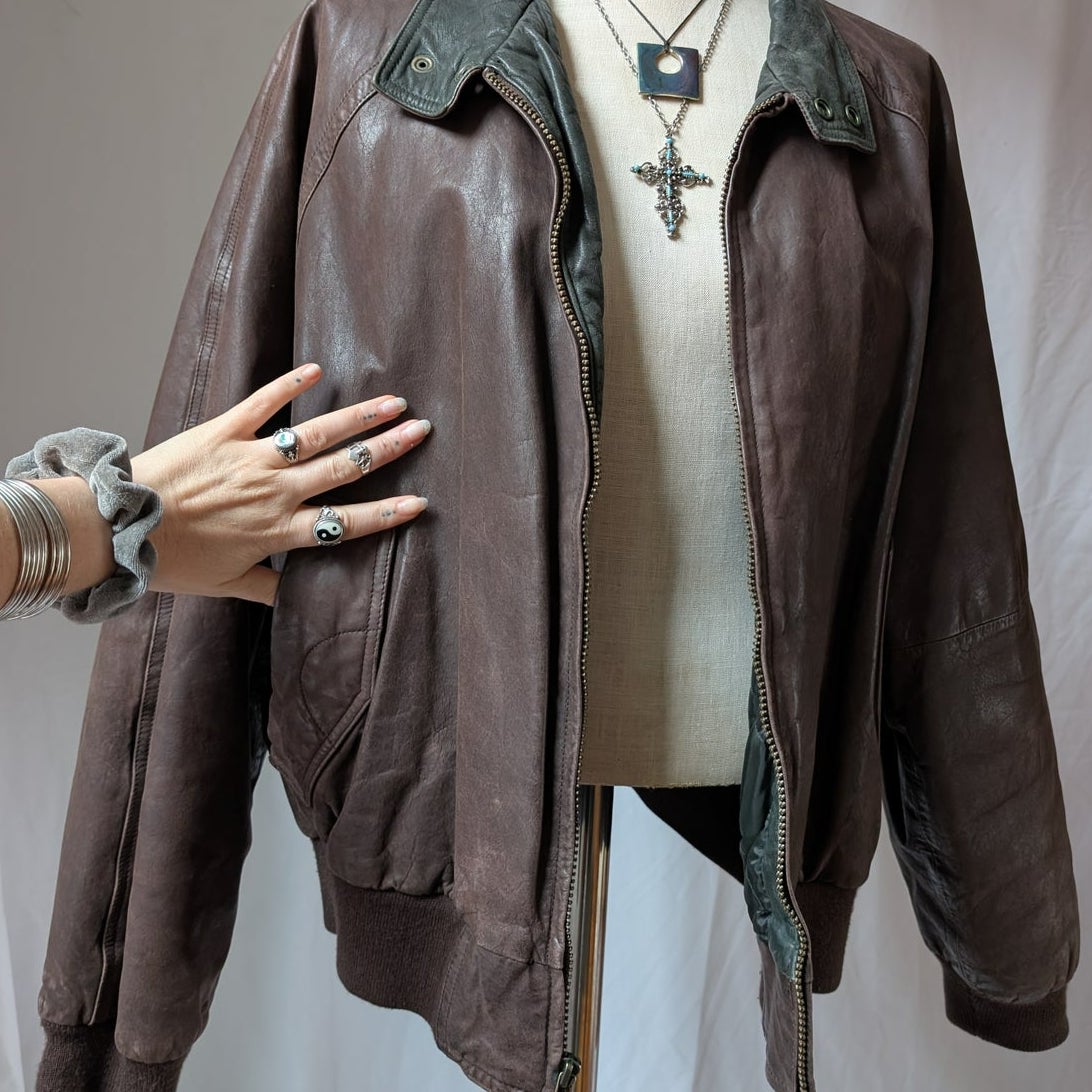 Vintage 90s Brown Leather Bomber Jacket L Slouchy Oversized Quilted Leather Coat
