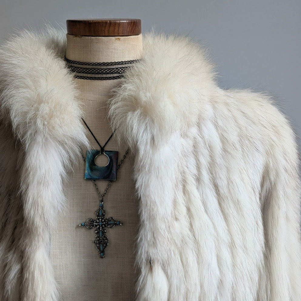 Vintage White Fluffy Fox Fur Coat Furry Glam Mob Wife Ski Luxury Jacket Large