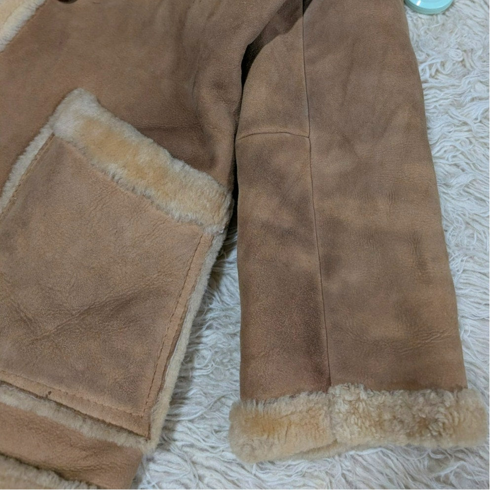 Vintage Brown Suede Shearling Coat Fur Coat Wool Minimalist Winter Jacket Medium