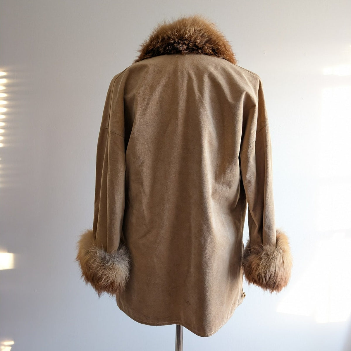 Vintage Tan Brown Afghan Jacket M 70s Shaggy Penny Lane Coat Red Fox Fur Trim