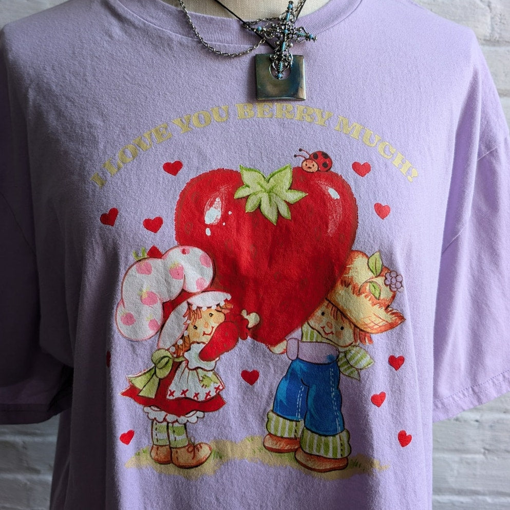 Retro Strawberry Shortcake Graphic Tee Pastel Purple Kawaii Heart Tshirt Top XXL