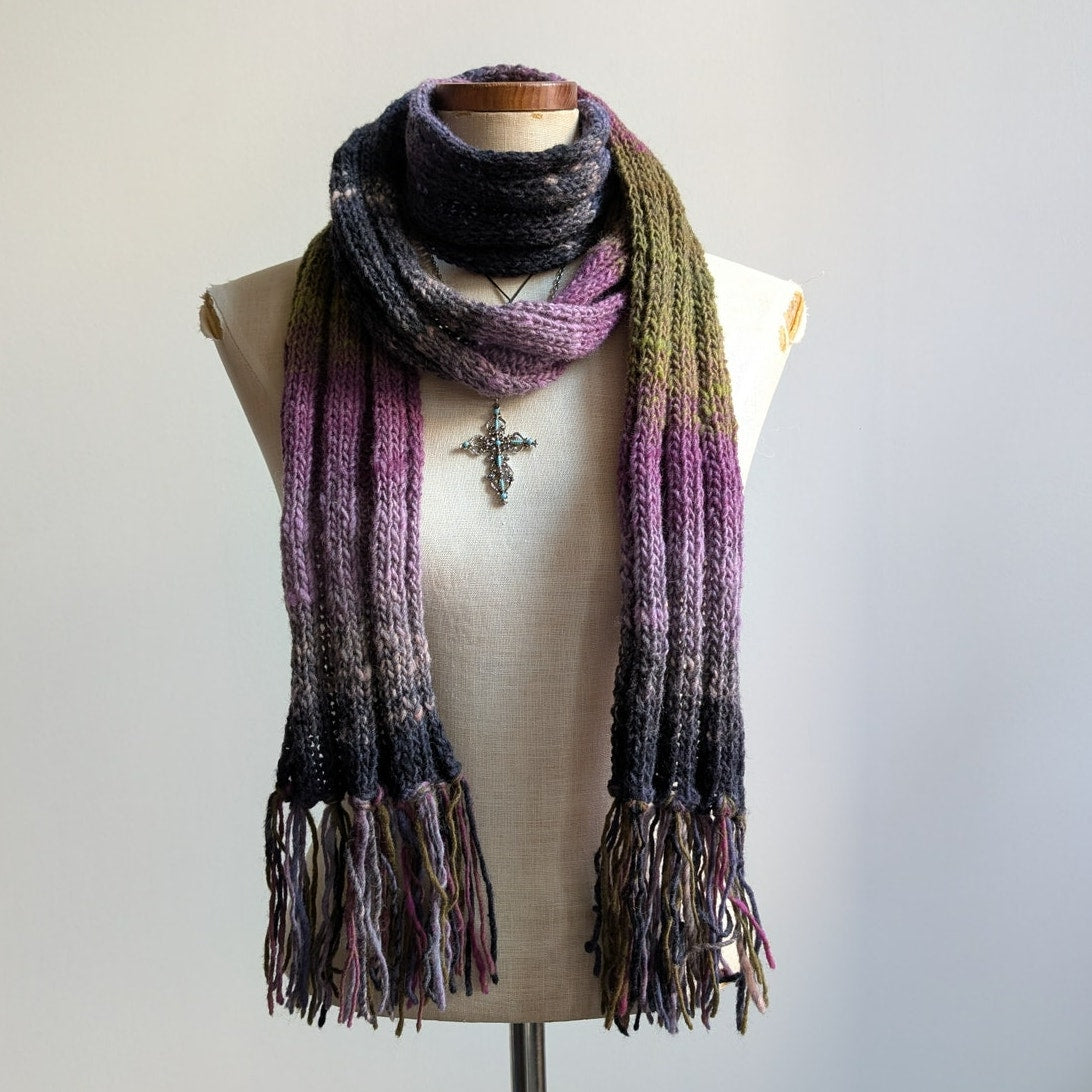 Vintage Chunky Knit Purple Green Stripe Scarf Grunge Earthy Fringe Boho Y2K Wrap