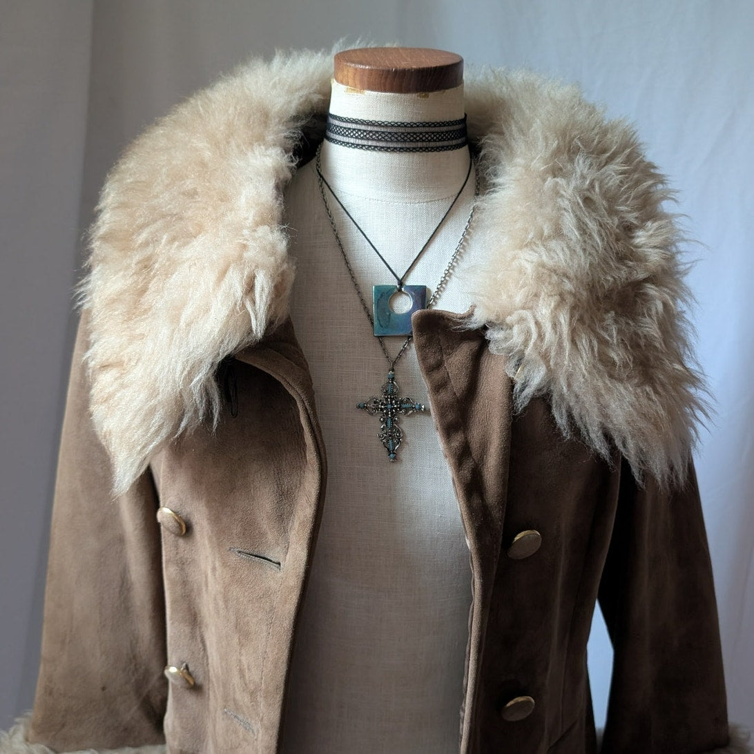 70s Vintage Brown Suede Penny Lane Coat M Tan Leather Fur Boho Afghan Jacket