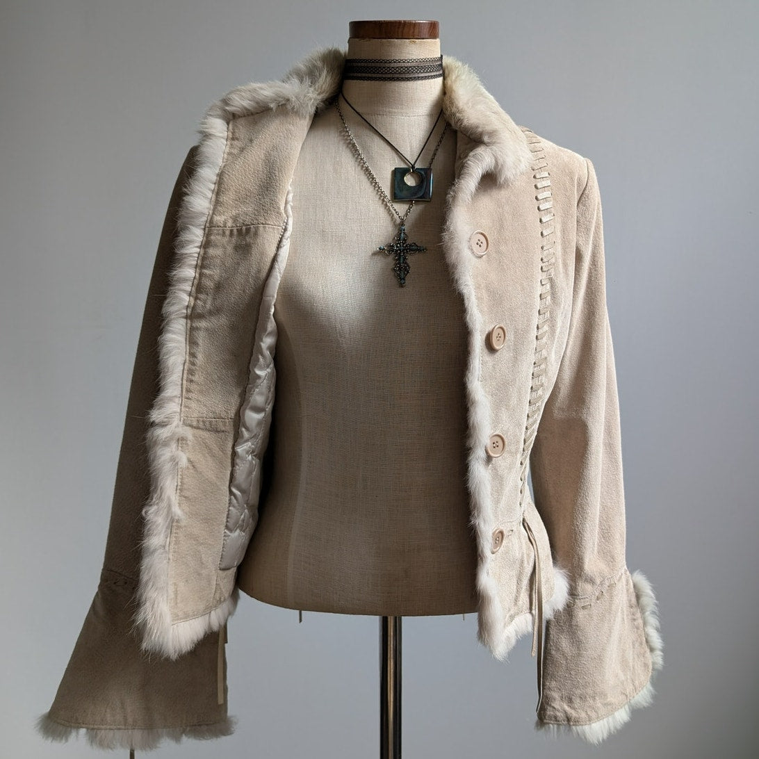 Vintage Tan Suede Penny Lane Coat Neutral Leather Fur Trim Boho Chic Coat Small