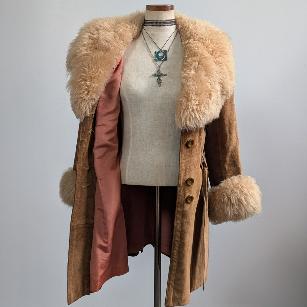 Vintage Brown Suede Fur Coat Boho Tan Leather Penny Lane Jacket Fur Trim Small