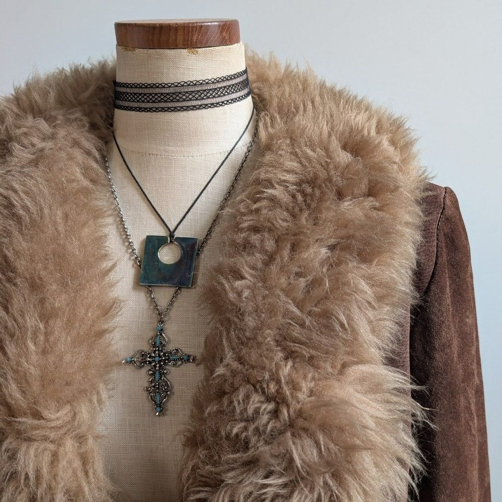 Vintage Brown Suede Penny Lane Jacket Groovy Fur Trim Leather Trench Coat Medium