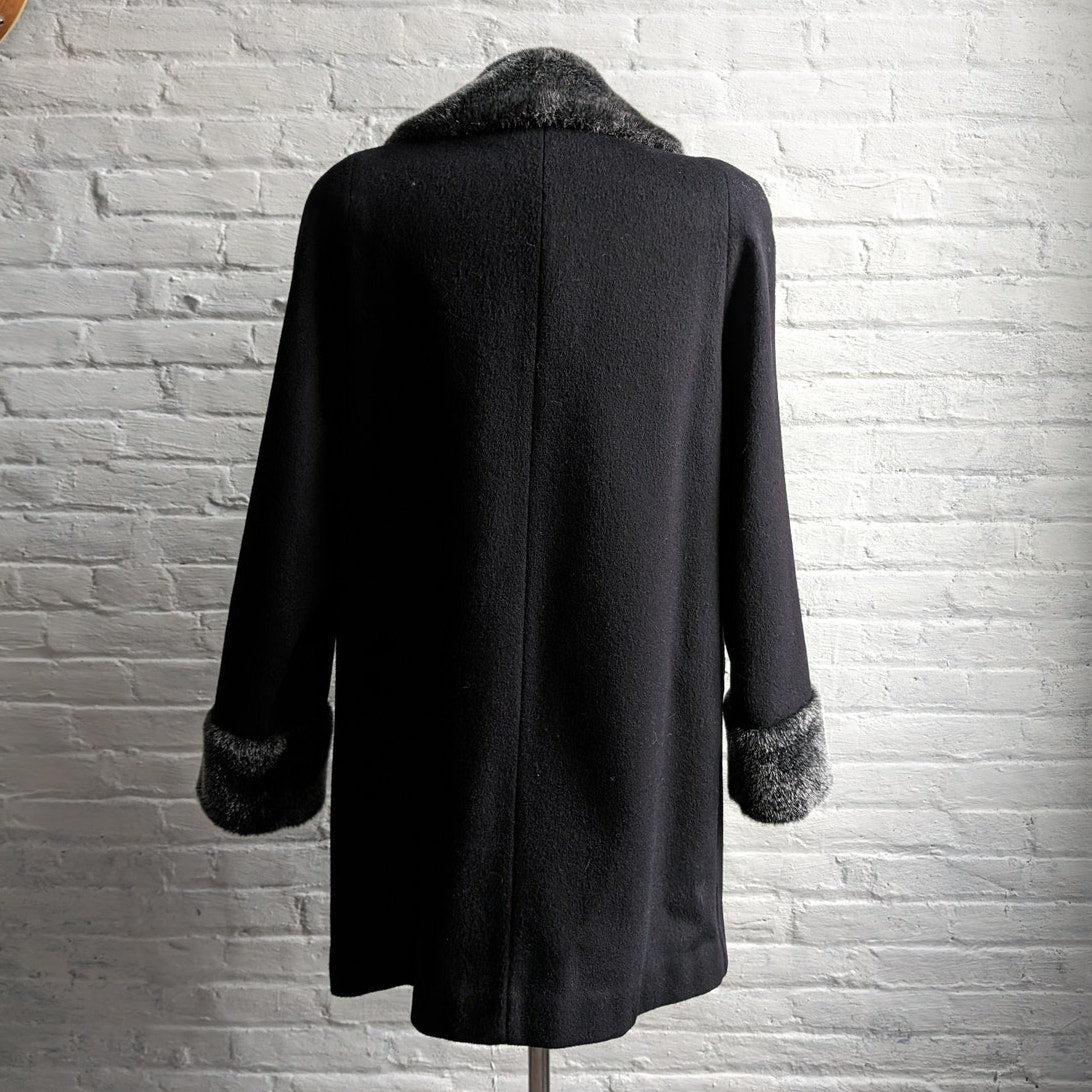 Vintage Black Wool Minimalist Trench Coat Fuzzy Faux Fur Dark Academia Jacket