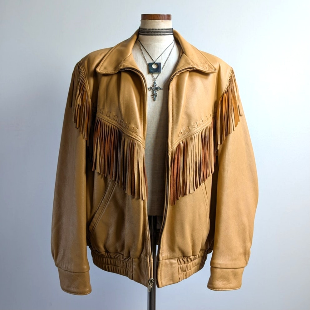 Vintage Neutral Leather Jacket 70s Fringe Biker Western Moto Bomber Coat Large