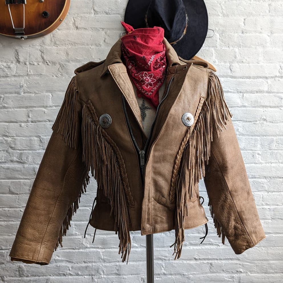 Vintage Light Caramel Brown Southwest Leather Fringe Biker Jacket