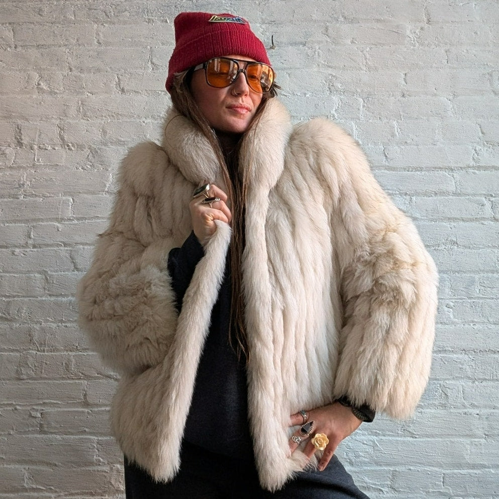 Vintage White Fluffy Fox Fur Coat Furry Ski Bunny Mobwife Designer Luxury Jacket