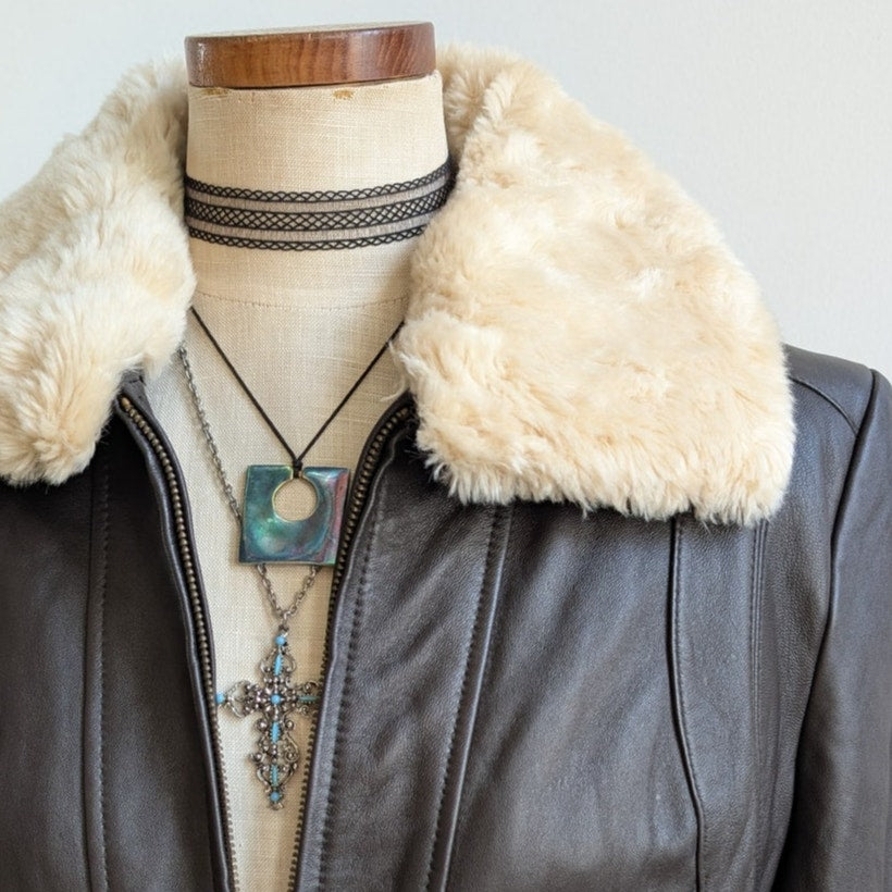 Vintage Brown Leather Jacket Faux Fur Lambskin Moto Chic Biker Bomber Coat Large