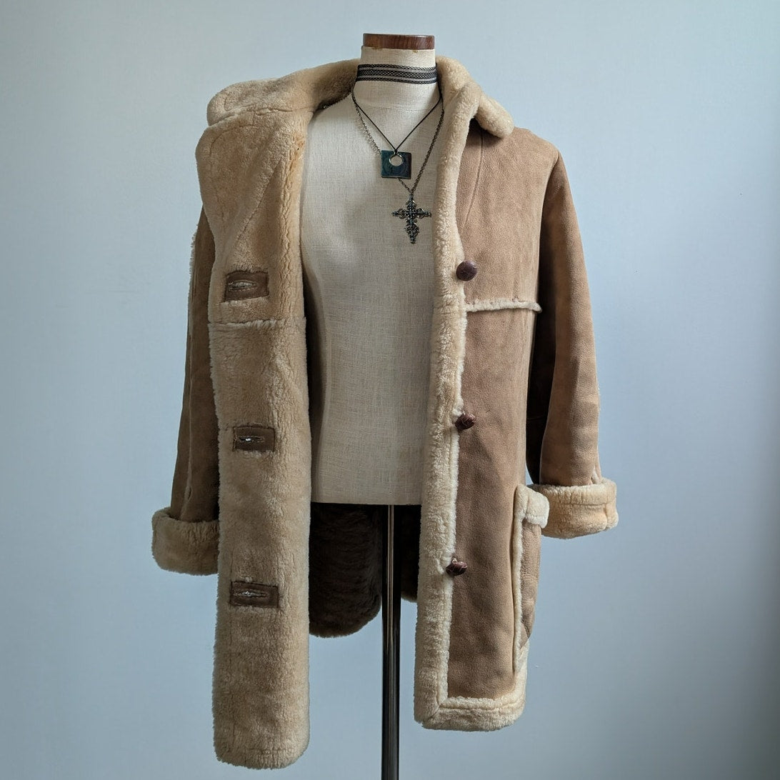 Vintage Brown Suede Shearling Coat Fur Coat Wool Minimalist Winter Jacket Medium
