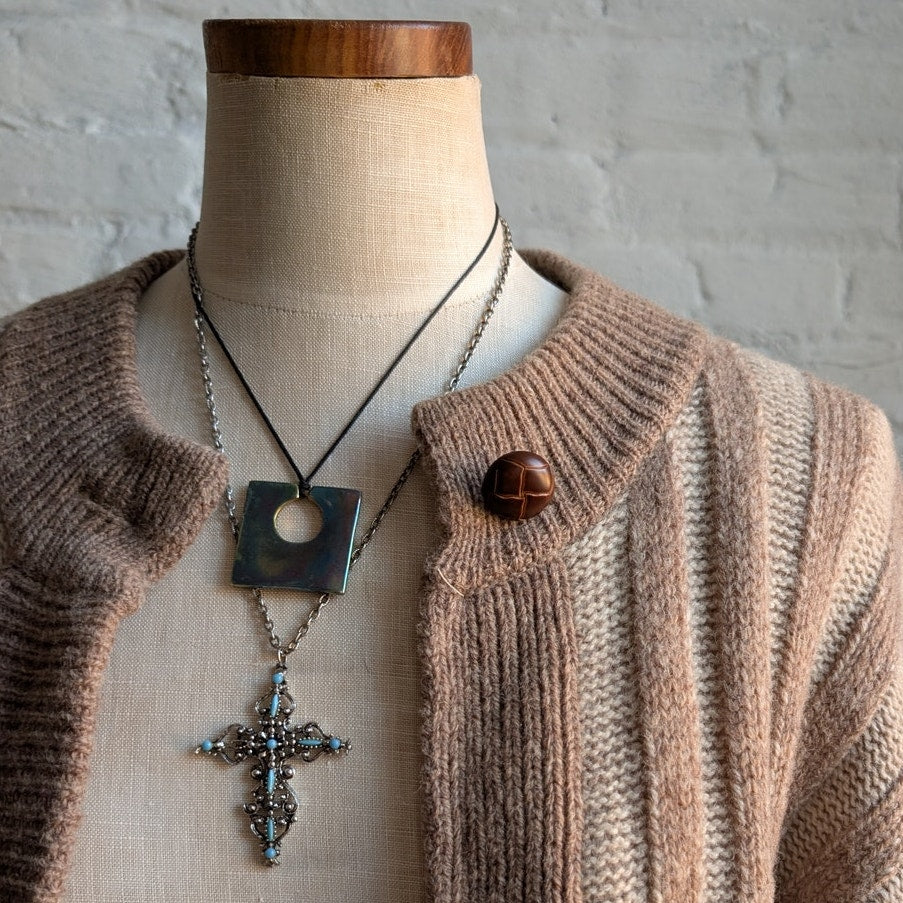 Vintage Wool Neutral Knit Cardigan Zipper Chunky Stripe Sweater Cozy Shacket