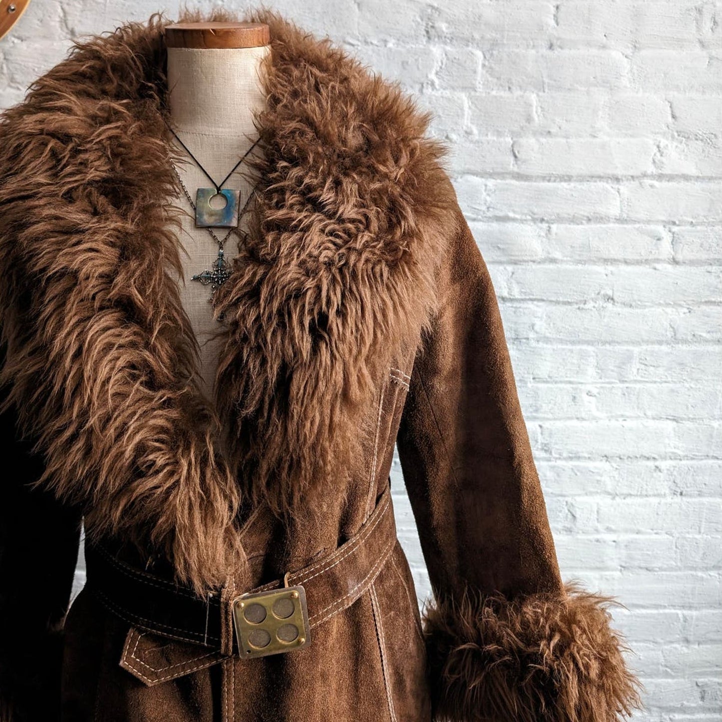 Vintage Penny Lane Fur Furry Genuine Suede Leather Groovy Mod Trench Coat Jacket