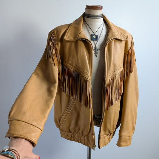 Vintage Neutral Leather Jacket 70s Fringe Biker Western Moto Bomber Coat Large