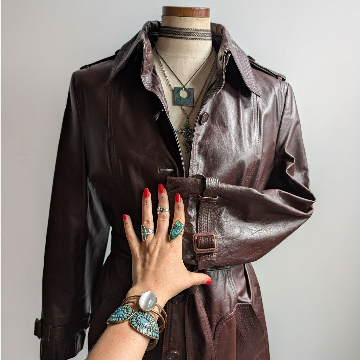 Vintage Brown Red Leather Jacket Minimalist Grunge Chic Biker Trench Coat Large