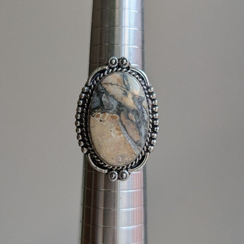 Neutral Cream Grey Sterling Silver Ring Retro Vintage Boho Natural Stone Size 8
