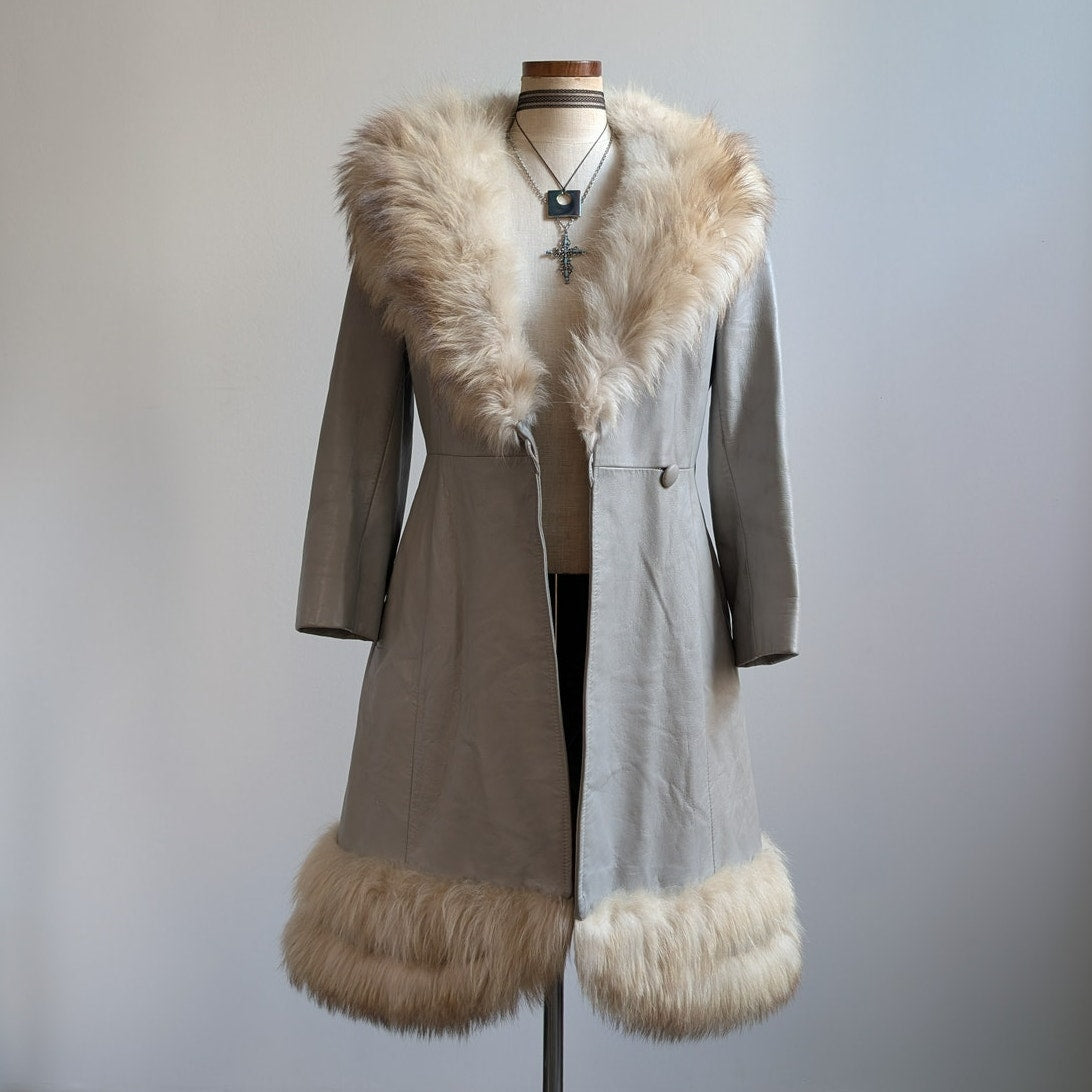 Vintage Leather Penny Lane Coat Grey Cream Fur Trim Trench Afghan Jacket Medium