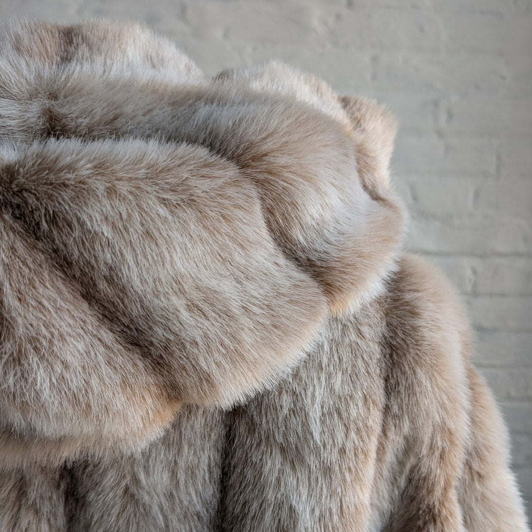 Vintage Faux Fur Neutral Plush Coat Mob Wife Furry Cozy Glam Fuzzy Jacket