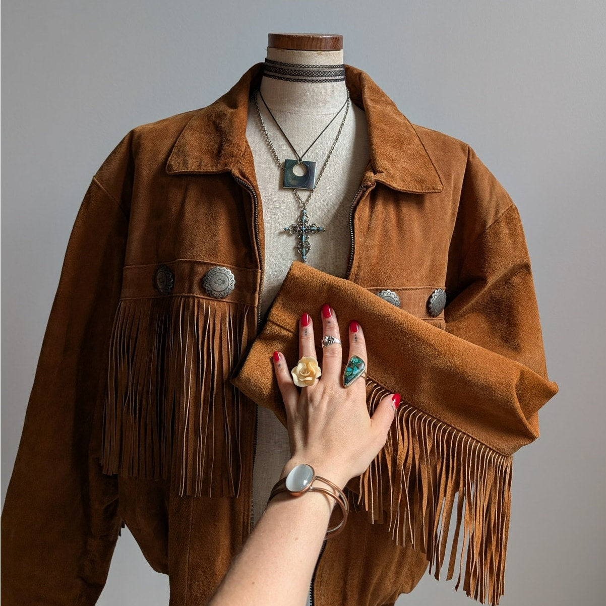 Vintage Brown Suede Leather Jacket Fringe Biker Western Moto Bomber Coat Large