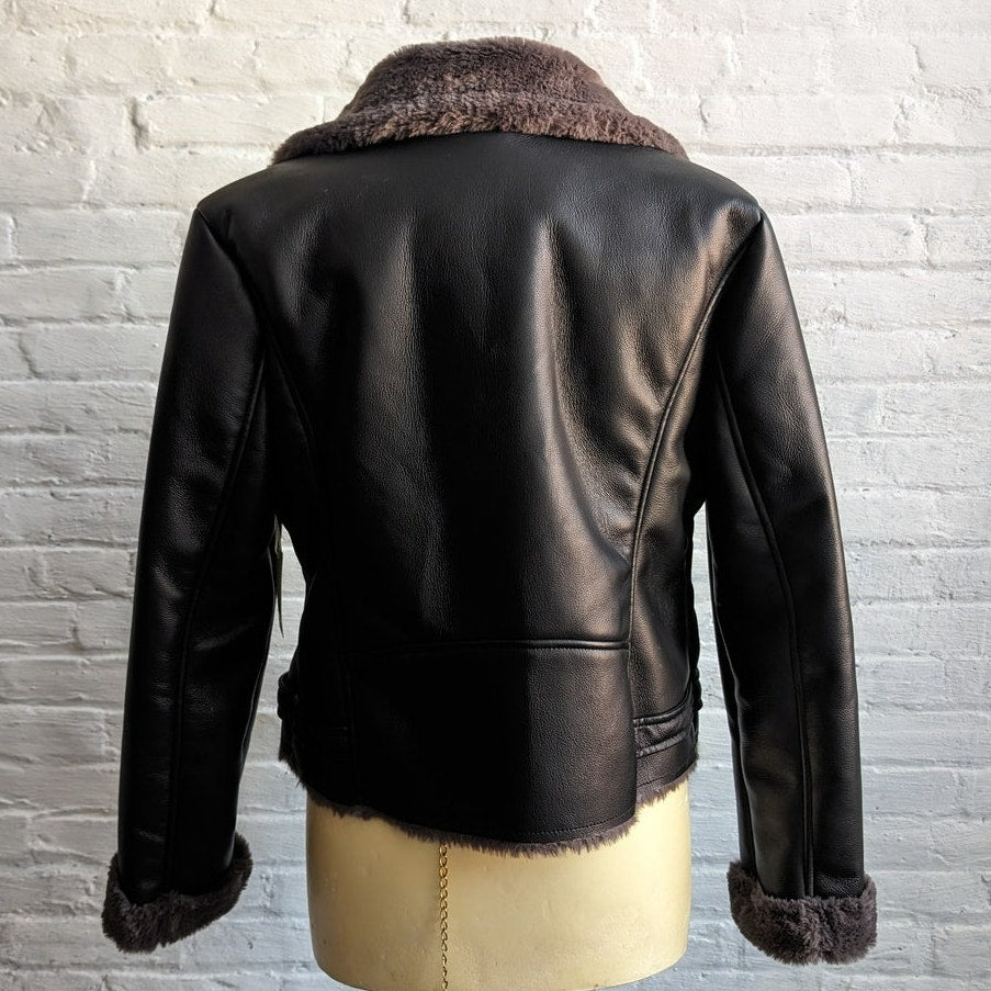 Y2K Black Faux Leather Faux Fur Moto Jacket Bomber Minimalist Grunge Biker Coat