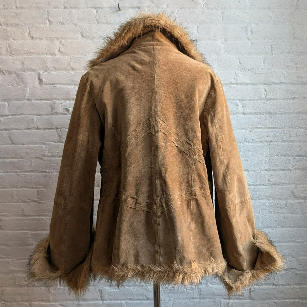 Vintage Brown Suede Penny Lane Jacket Afghan Faux Fur Groovy Leather Trench Coat