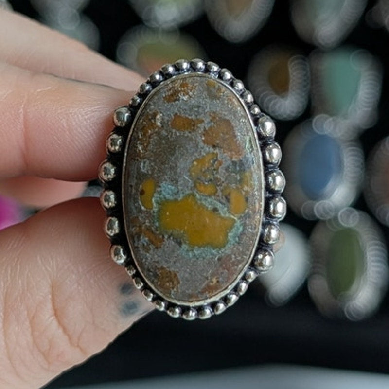 Earthy Green Rust Natural Stone Ring Boho Chic Sterling Silver Vintage Size 7