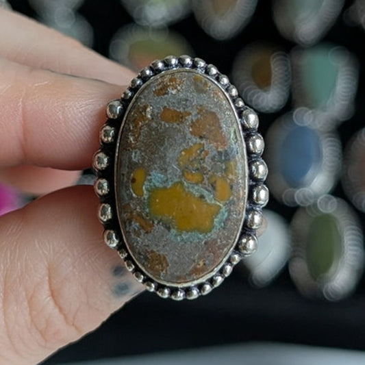 Earthy Green Rust Natural Stone Ring Boho Chic Sterling Silver Vintage Size 7