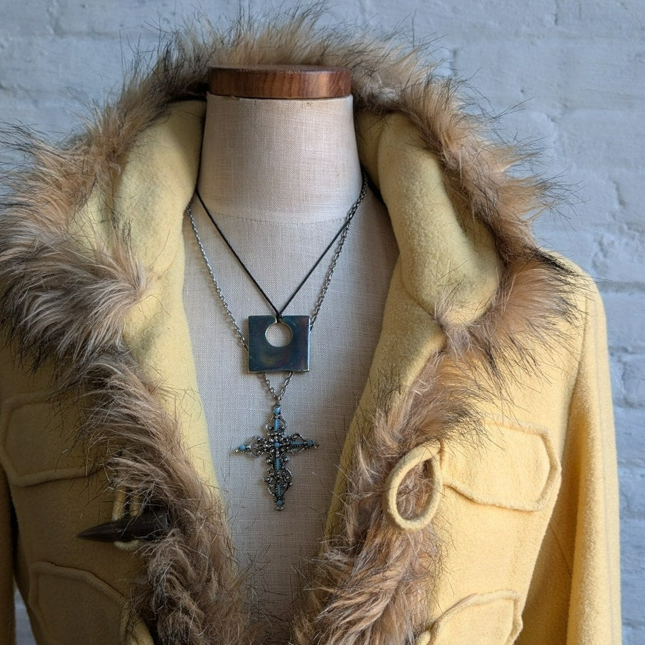 Vintage Yellow Wool Trench Coat Groovy Penny Lane Jacket Faux Fur Coat Medium